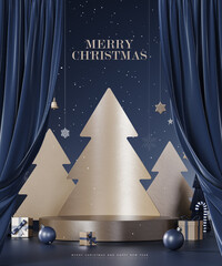 Gold paper pine trees with empty stage for product presentation. Christmas mockup blue background...