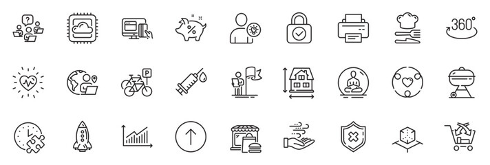 Icons pack as Heartbeat, Food and Security lock line icons for app include Puzzle time, Cross sell, Outsource work outline thin icon web set. Rocket, Wind energy, Teamwork question pictogram. Vector