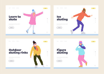 Set of landing page design template with happy adult people and children enjoying ice skating