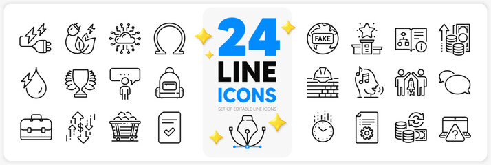 Icons set of Coal trolley, Change money and Technical algorithm line icons pack for app with Dollar rate, Technical documentation, Fake news thin outline icon. Portfolio, Backpack. Vector