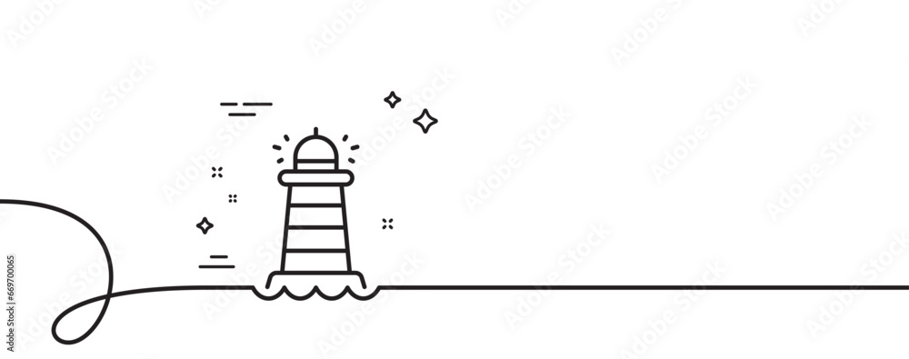 Poster lighthouse line icon. continuous one line with curl. searchlight tower sign. beacon symbol. lighthou