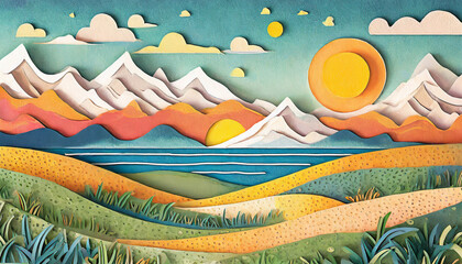 illustration of a landscape with ocean and mountains