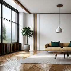 Modern mid century and minimalist interior of living room ,empty room , white wall and wood floor ,3d render