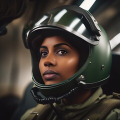 The girl is an African-American military pilot. A girl in a military pilot's uniform