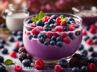 A mixture of forest fruits in milk and on the table, sprinkled with sugar, ai generated