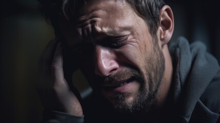 Obraz premium Heartbroken, sad, and depressed man grieving with pain and loneliness