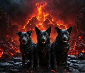 Hell black dogs in the fire, ai generated
