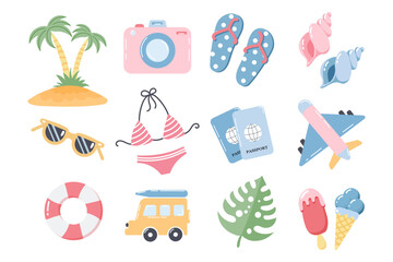Set of cute summer icons, stickers. Collection of scrapbooking elements for beach party. Tropical vacation. Vector