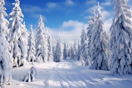 Snowy winter scene featuring Christmas trees covered in snow. Generative AI