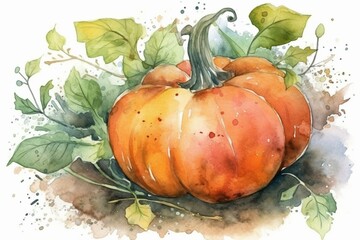 Watercolor hand-drawn illustration of a substantial pumpkin with seeds and vibrant foliage. Generative AI
