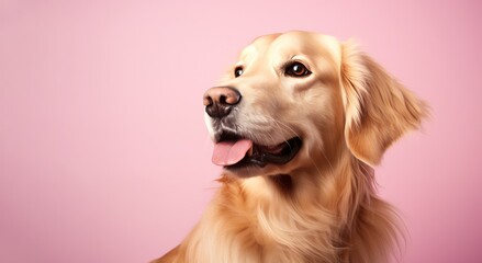 beautiful golden retriever dog on pink background closeup horizontal portrait