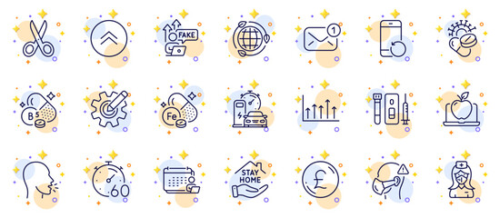 Outline set of Accounting, Laptop and Stay home line icons for web app. Include Coronavirus pills, Fake internet, Cough pictogram icons. Cut, Cogwheel, Iron signs. Charging station. Vector