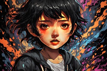 Japanese girl with colorful background and scared expression, ai generated
