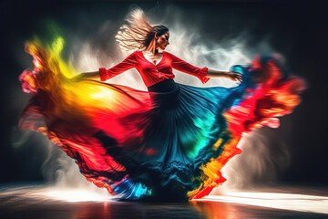 Young woman dancer in a colorful dress dancing flamenco in the smoke - obrazy, fototapety, plakaty