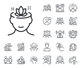 Meditation lotus sign. Specialist, doctor and job competition outline icons. Yoga mind line icon. Relax body and mind symbol. Yoga mind line sign. Avatar placeholder, spy headshot icon. Vector
