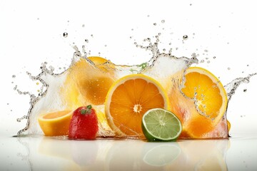 A vibrant image capturing the essence of citrus fruits with splashing yellow liquid against a white background. Generative AI