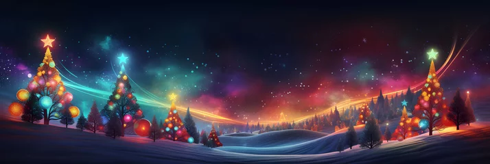Foto op Aluminium Noorderlicht Christmas and New Year abstract festive background with winter forest and snowflakes. 3d illustration.