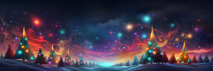 Winter landscape with christmas trees, snow and fairy lights. Abstract christmas tree background header wallpaper.