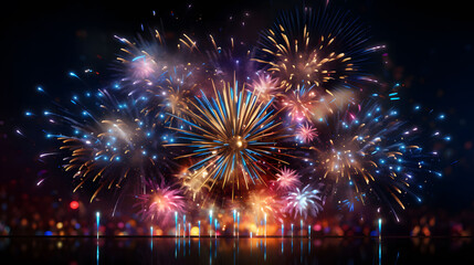 Colorful fireworks of various colors over night sky background. Happy New Year! Celebration concept.