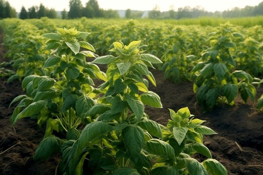 Potato plants in a green field. Generative AI