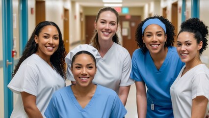 A group of nurses standing inside a hospital hallway