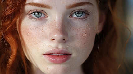 portrait of beautiful redhead woman with freckles - obrazy, fototapety, plakaty