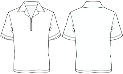 mens short sleeve cuban collar zipper polo t shirt flat sketch vector illustration technical cad drawing template - obrazy, fototapety, plakaty