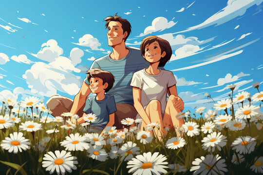 Father and Children Posing in a Meadow with Flowers. Illustration Style
