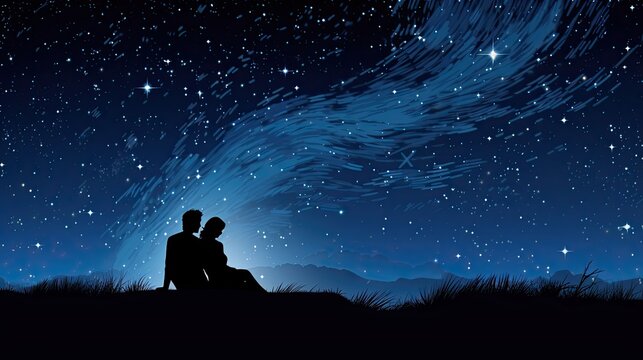 Stargazing couple. Couple with starry night and navy blue background. Happy Valentine's Day. Romantic photograph. 