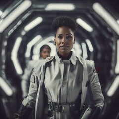 The girl is an African-American astronaut. The girl is a spaceship pilot