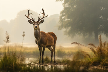 Majestic Deer in a Misty Meadow
