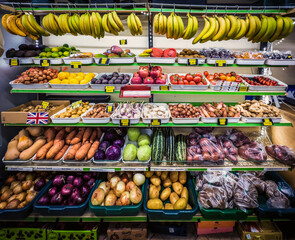 View of some fruits and vegetables on the shelves in a British store - 669702890