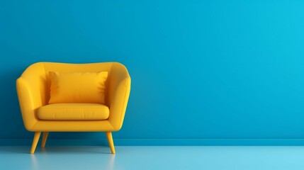 A bright yellow armchair is situated in a blue room that is unoccupied and has a blue floor. the minimalist idea. generative ai 