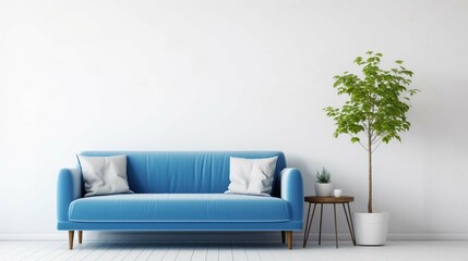 Empty living room with blue sofa, plants and table on empty white wall background. generative ai 
