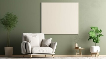 empty poster frame on beige wall in living room interior with modern furniture and decorative green arch with trendy dried flowers, white sofa and armchair. generative ai 