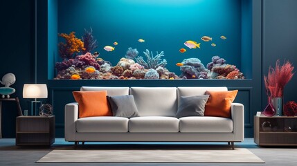 Minimal living room with interior sofa and under the sea fish tank or aquarium decoration,...