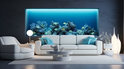 Minimal living room with interior sofa and under the sea fish tank or aquarium decoration, underwater with coral reef and fishes design concepts, Home decoration mock up. generative ai 