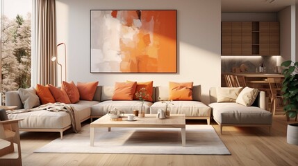 Modern Scandinavian apartment with living room in orange and beige colors, represented in a and...