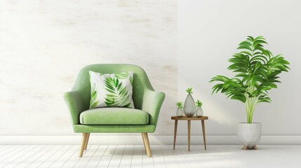 simple urban jungle style interior with green armchair, green plaid, tropical pattern pillow and plant on white wall background. 3d rendering. generative ai 