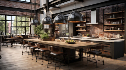 A chic urban loft kitchen with industrial pendant lights and an open-concept design