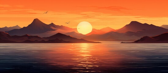 Mountain sea and sunset create a beautiful landscape