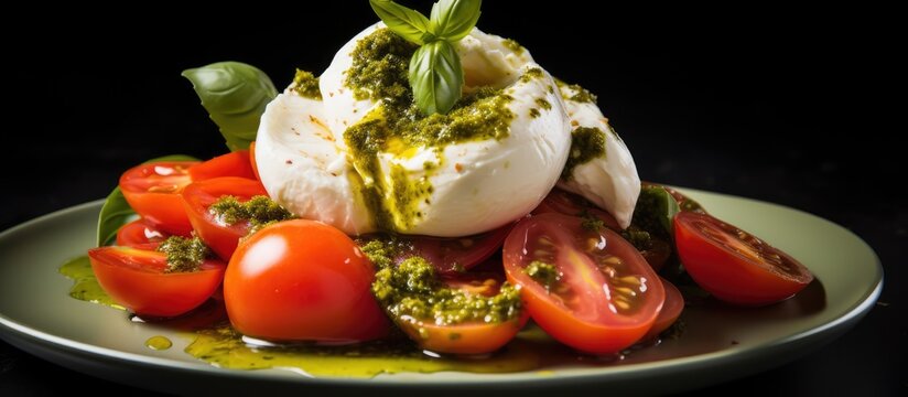 Italian buratta salad with pesto and tomato in a closeup shot