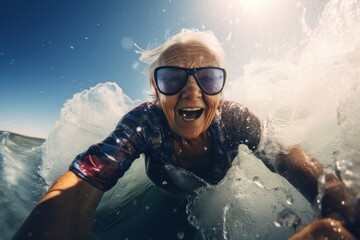 Asian Female Elderly Water Surfing Dawn Patrol Concept Generative AI - obrazy, fototapety, plakaty