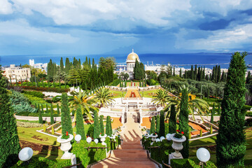 Bahai Gardens (Bahai Bab) in Haifa city on  steep slope of Carmel  Mount.  Wonderful views of the...