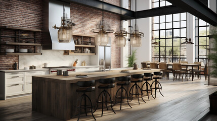 Fototapeta na wymiar A chic urban loft kitchen with industrial pendant lights and an open-concept design