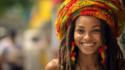 Smiling young Jamaican woman wearing a rasta hat.