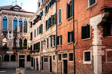 Fototapeta na wymiar Campiello Santa Maria Nova old buildings around tiny square in Venice, Italy