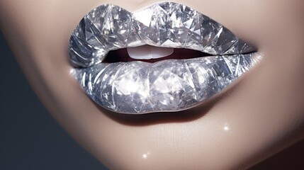 Luxurious female lips with emphasized diamond texture. Cosmetics and lip care.