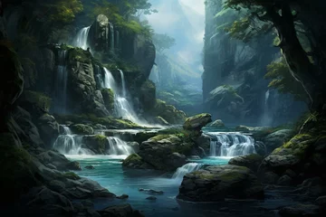 Foto op Canvas A river with side waterfall, mountain, middle waterfall, forest waterfall. Generative AI © Emily