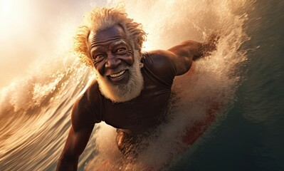 Black Male Elderly Water Surfing Wave Period Setting Generative AI